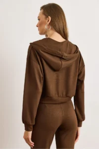 Olalook Women's Brown Modal Printed Hooded Zippered Loose Sweatshirt - Image 5