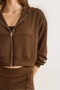 Olalook Women's Brown Modal Printed Hooded Zippered Loose Sweatshirt - Image 6