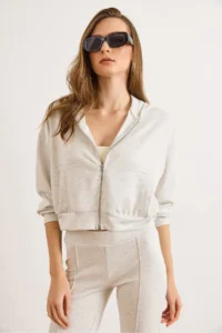 Olalook Women's Snow Melange Modal Printed Hooded Zippered Loose Sweatshirt - Image 3