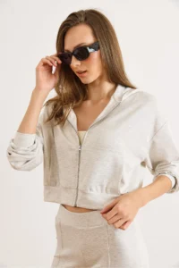 Olalook Women's Snow Melange Modal Printed Hooded Zippered Loose Sweatshirt - Image 4