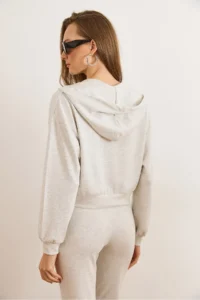 Olalook Women's Snow Melange Modal Printed Hooded Zippered Loose Sweatshirt - Image 5