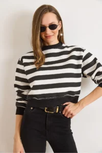 Olalook Women's Black and White Striped Crop Sweatshirt - Image 3
