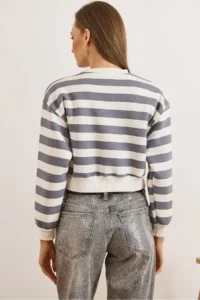 Olalook Women's Gray White Striped Rose Crop Sweatshirt - Image 2