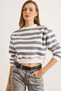 Olalook Women's Gray White Striped Rose Crop Sweatshirt - Image 3