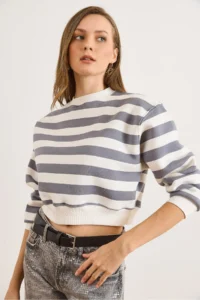 Olalook Women's Gray White Striped Rose Crop Sweatshirt - Image 4