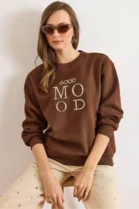 Olalook Women's Brown Good Mood Embroidered Rose Gold Comfortable Sweatshirt