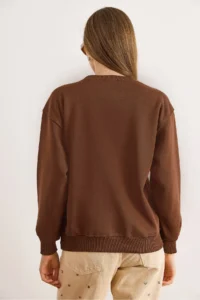 Olalook Women's Brown Good Mood Embroidered Rose Gold Comfortable Sweatshirt - Image 2