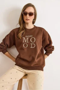Olalook Women's Brown Good Mood Embroidered Rose Gold Comfortable Sweatshirt - Image 3