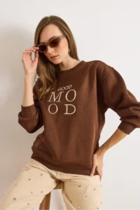 Olalook Women's Brown Good Mood Embroidered Rose Gold Comfortable Sweatshirt - Image 4