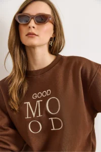 Olalook Women's Brown Good Mood Embroidered Rose Gold Comfortable Sweatshirt - Image 5