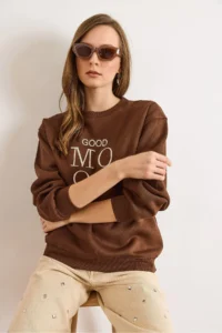 Olalook Women's Brown Good Mood Embroidered Rose Gold Comfortable Sweatshirt - Image 6