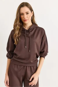 Olalook Women's Brown Modal Hooded Sweatshirt with Ribbed Detail - Image 2