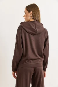 Olalook Women's Brown Modal Hooded Sweatshirt with Ribbed Detail - Image 3