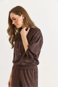Olalook Women's Brown Modal Hooded Sweatshirt with Ribbed Detail - Image 5