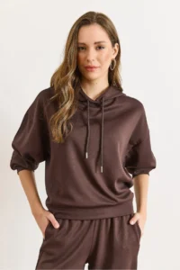 Olalook Women's Brown Modal Hooded Sweatshirt with Ribbed Detail - Image 6