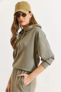 Olalook Women's Green Modal Printed Hooded Ribbed Detailed Loose Sweatshirt