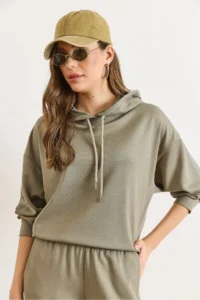 Olalook Women's Green Modal Printed Hooded Ribbed Detailed Loose Sweatshirt - Image 2