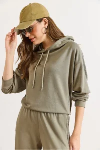 Olalook Women's Green Modal Printed Hooded Ribbed Detailed Loose Sweatshirt - Image 3