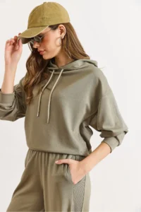 Olalook Women's Green Modal Printed Hooded Ribbed Detailed Loose Sweatshirt - Image 4