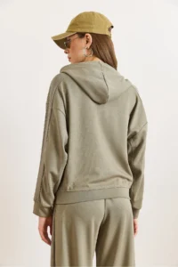 Olalook Women's Green Modal Printed Hooded Ribbed Detailed Loose Sweatshirt - Image 6