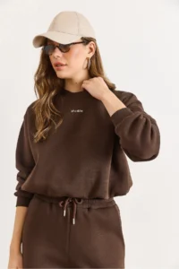 Olalook Women's Brown Fully Lined Balloon Crop Sweatshirt - Image 2