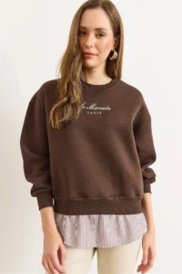 Olalook Women's Bitter Brown Shirt Detailed Rose Gold Thick Sweatshirt