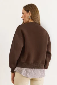 Olalook Women's Bitter Brown Shirt Detailed Rose Gold Thick Sweatshirt - Image 2