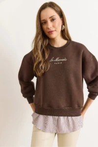 Olalook Women's Bitter Brown Shirt Detailed Rose Gold Thick Sweatshirt - Image 4