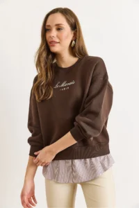 Olalook Women's Bitter Brown Shirt Detailed Rose Gold Thick Sweatshirt - Image 5