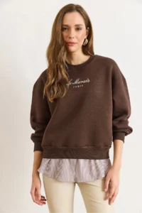 Olalook Women's Bitter Brown Shirt Detailed Rose Gold Thick Sweatshirt - Image 6