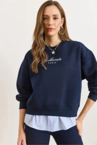 Olalook Women's Navy Blue Shirt Detailed Tiered Thick Sweatshirt
