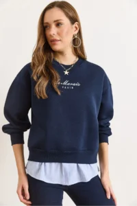 Olalook Women's Navy Blue Shirt Detailed Tiered Thick Sweatshirt - Image 2