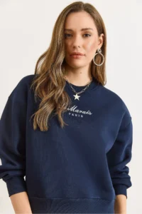 Olalook Women's Navy Blue Shirt Detailed Tiered Thick Sweatshirt - Image 3