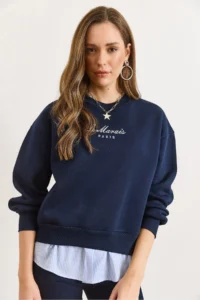 Olalook Women's Navy Blue Shirt Detailed Tiered Thick Sweatshirt - Image 4