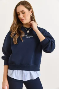 Olalook Women's Navy Blue Shirt Detailed Tiered Thick Sweatshirt - Image 5