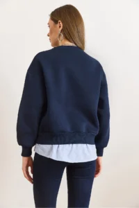 Olalook Women's Navy Blue Shirt Detailed Tiered Thick Sweatshirt - Image 6