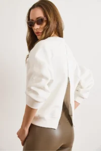 Olalook Women's Ecru Raglan Sleeve Back Zippered Ribbed Sweatshirt - Image 2