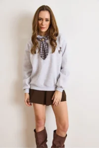 Olalook Women's Gray Gazelle Embroidered Scarf Detailed Raised Sweatshirt - Image 2