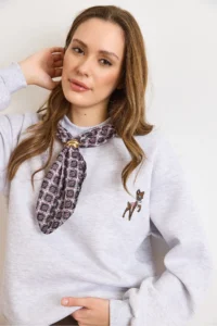 Olalook Women's Gray Gazelle Embroidered Scarf Detailed Raised Sweatshirt - Image 4