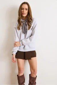 Olalook Women's Gray Gazelle Embroidered Scarf Detailed Raised Sweatshirt - Image 5