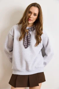 Olalook Women's Gray Gazelle Embroidered Scarf Detailed Raised Sweatshirt - Image 6