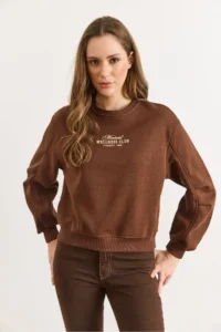 Olalook Women's Bitter Brown Sleeve Detailed Embroidered Rose Gold Sweatshirt - Image 6