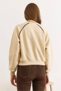 Olalook Women's Beige Raglan Sleeve Piping Detailed Raised Sweatshirt - Image 2