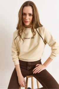 Olalook Women's Beige Raglan Sleeve Piping Detailed Raised Sweatshirt - Image 3
