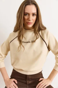 Olalook Women's Beige Raglan Sleeve Piping Detailed Raised Sweatshirt - Image 4