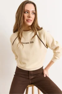 Olalook Women's Beige Raglan Sleeve Piping Detailed Raised Sweatshirt - Image 5