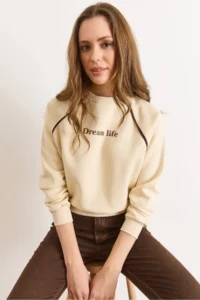 Olalook Women's Beige Raglan Sleeve Piping Detailed Raised Sweatshirt - Image 6