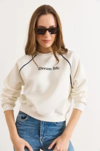 Olalook Women's White Raglan Sleeve Piping Detailed Raised Sweatshirt - Image 3
