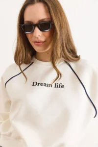 Olalook Women's White Raglan Sleeve Piping Detailed Raised Sweatshirt - Image 4