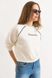 Olalook Women's White Raglan Sleeve Piping Detailed Raised Sweatshirt - Image 5